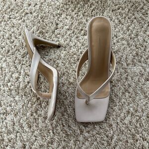 Nude Beige Square Toe Thong Heels